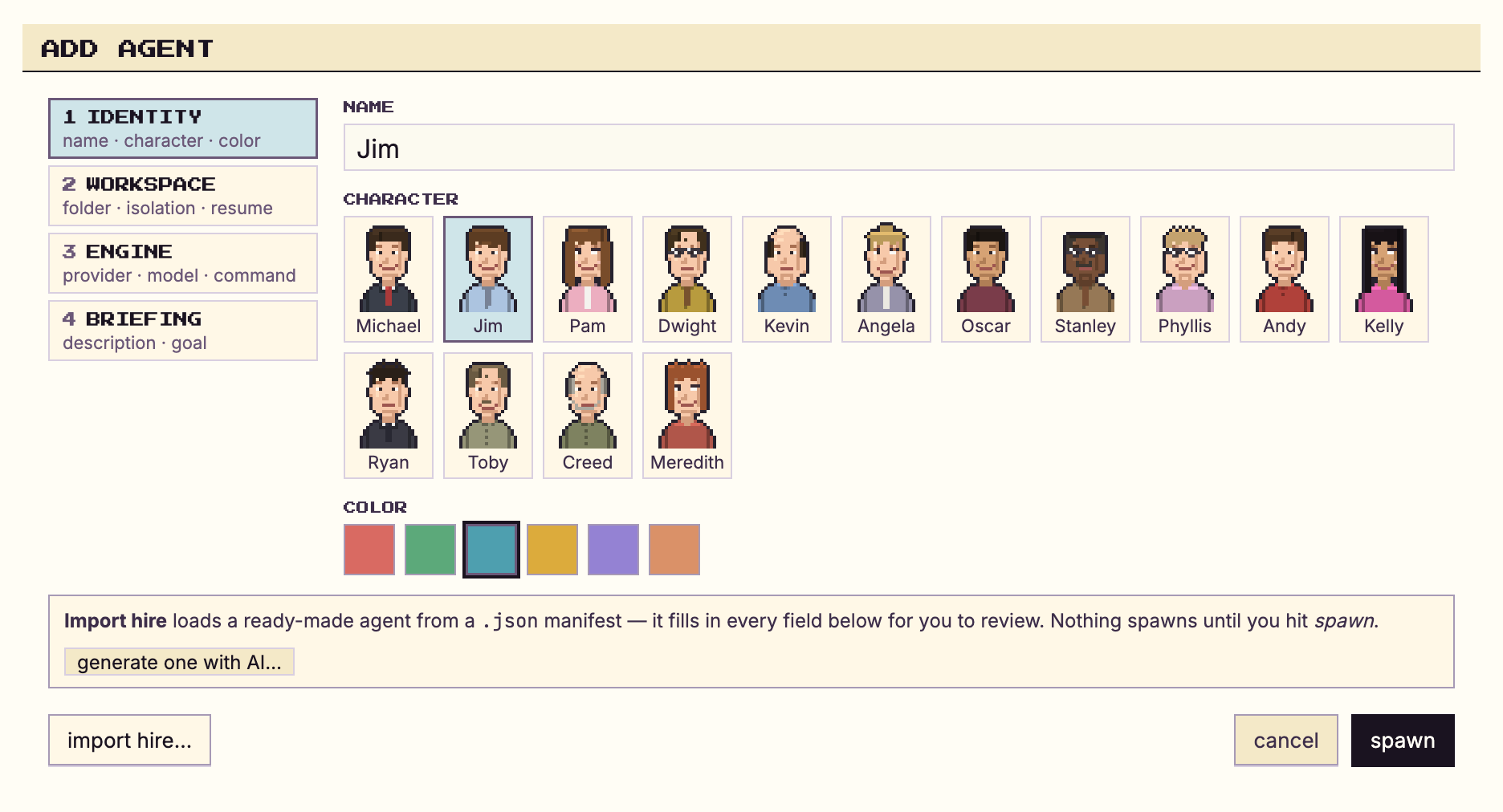 Add Agent dialog: naming your clone and picking its pixel avatar and color from the cast