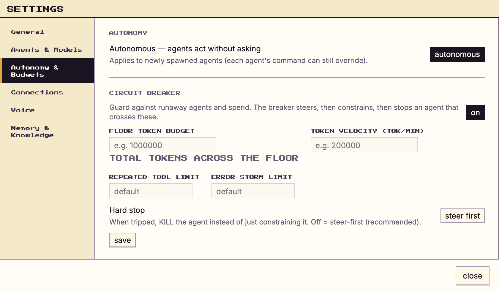 Settings, Autonomy and Budgets: agents act without asking, guarded by a circuit breaker with floor token budget and velocity limits