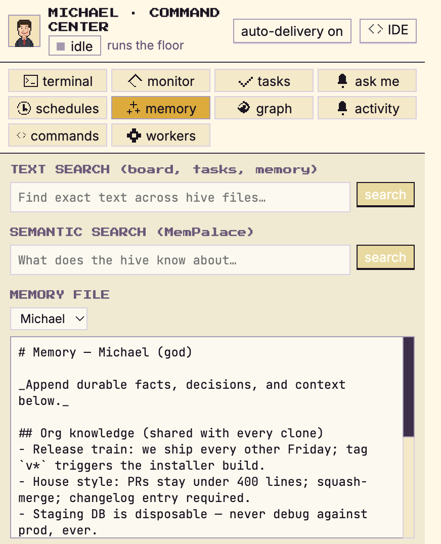 Memory panel: text search across hive files, semantic MemPalace search, and the agent's memory file holding shared org knowledge and personal notes